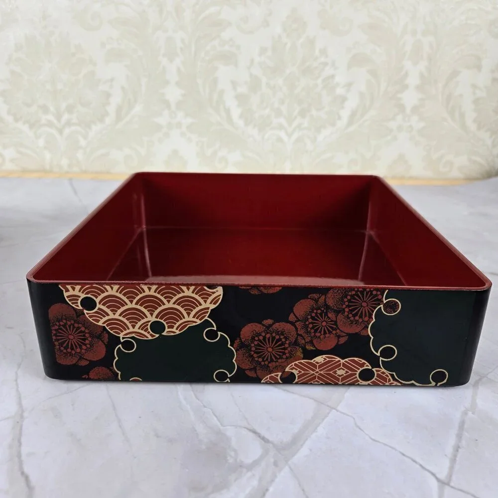 Vintage MMA Japanese Tiered Stacking Box Lacquered Red Black Gold Floral 1992